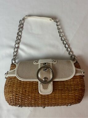 Rafe New York Natural Wicker Straw Leather Canvas Basket Purse Chain Strap